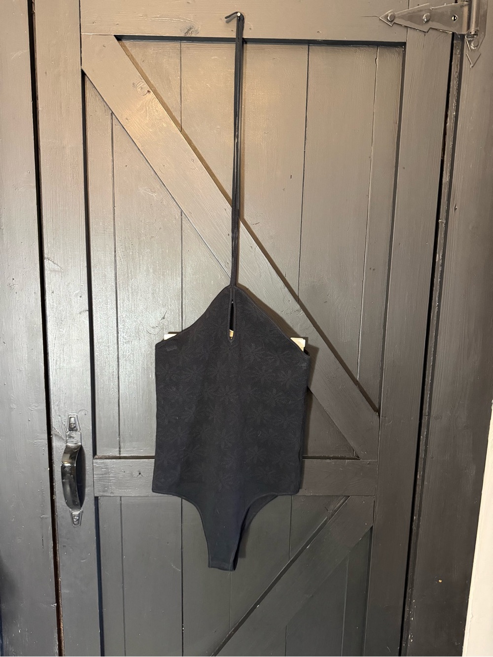 Black Halter Bodysuit with Subtle Floral Texture